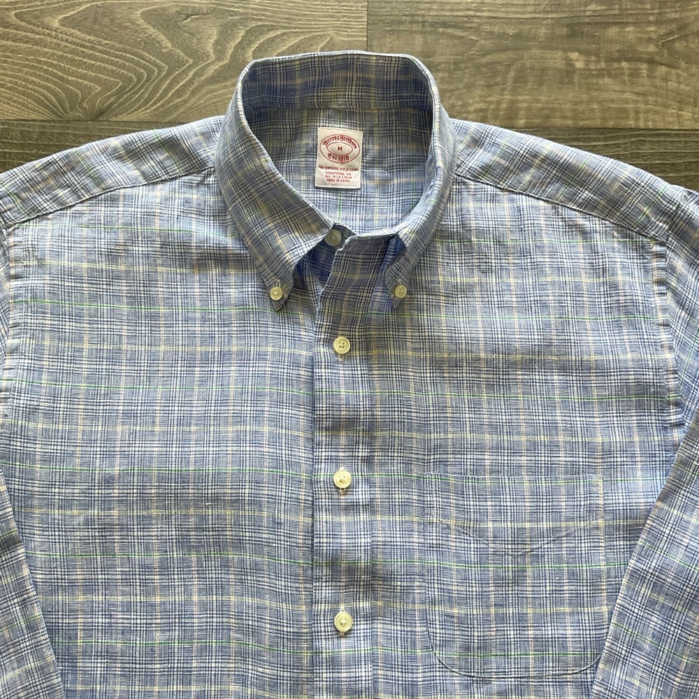 Brooks Brothers Irish Linen Shirt Mens MEDIUM Blue Plaid Button Down Long Sleeve - Picture 3 of 11